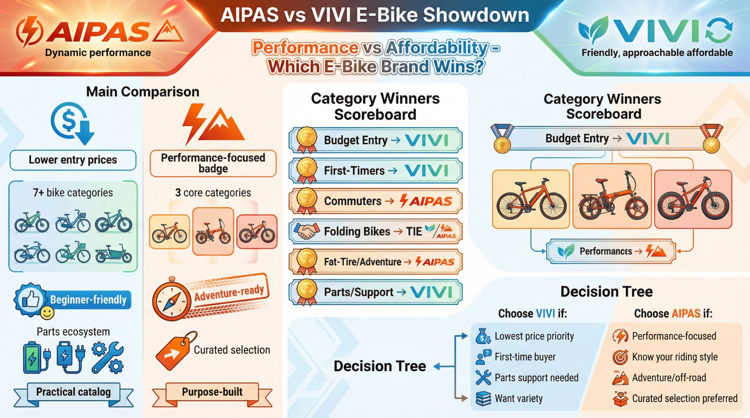 AIPAS vs VIVI infographic comparing budget entry, commuting, folding bikes, adventure appeal, and parts support to help shoppers choose the better electric bike brand