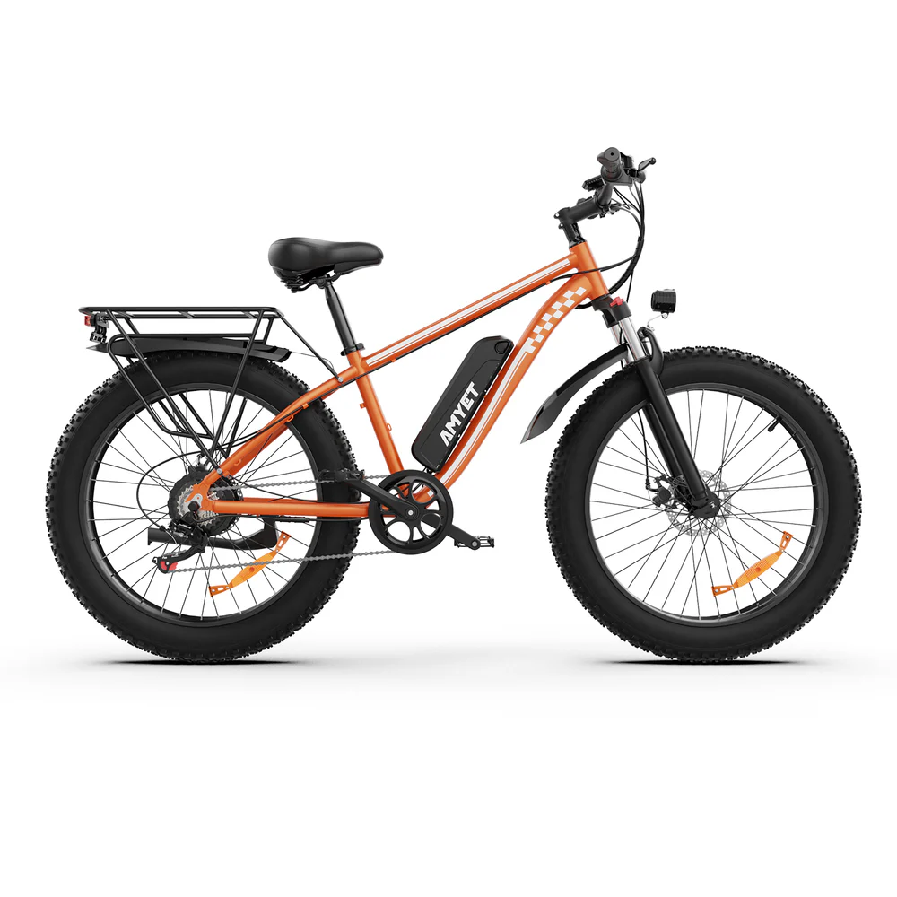 AMYET EB26 review image showing the orange fat tire electric bike in full side view with rear rack