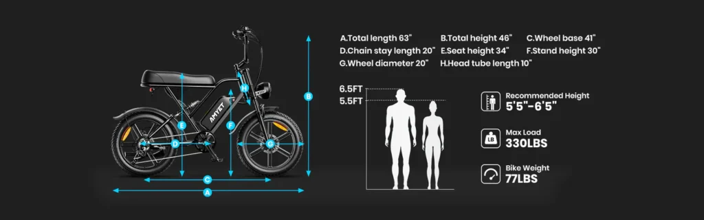 AMYET V9-G60 Review specs graphic showing bike details and rider fit