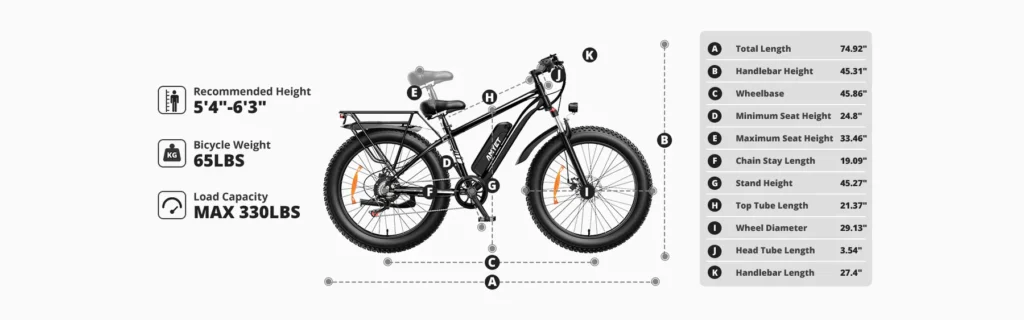 AMYET EB26 review size diagram showing the bike side profile and key dimensions
