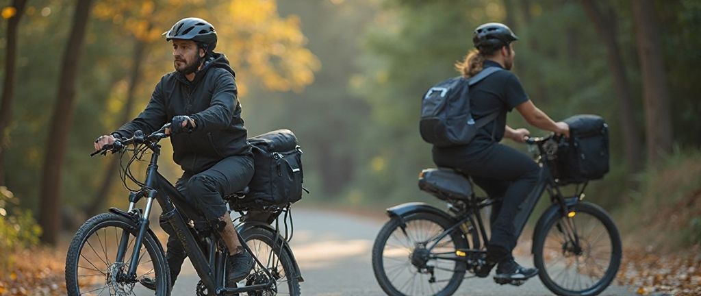 Two riders on electric bikes with helmets and pannier bags riding on a wooded road, showing practical electric bike accessories for daily riding and travel.