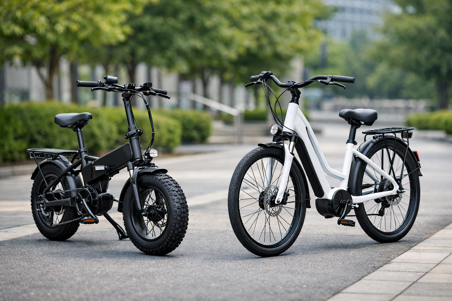 Electric bike comparisons featured image showing a folding fat tire ebike and a step-through commuter ebike parked side by side on a paved path.