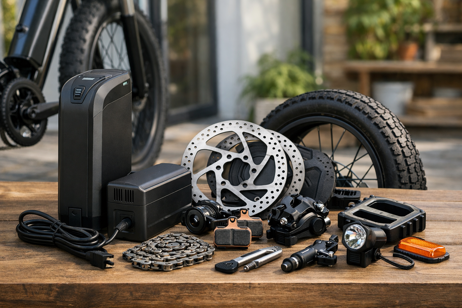 Electric bike parts batteries and chargers featured image showing an ebike battery, charger, brake rotor, brake pads, tire, chain, and replacement components on a table beside a modern electric bike.