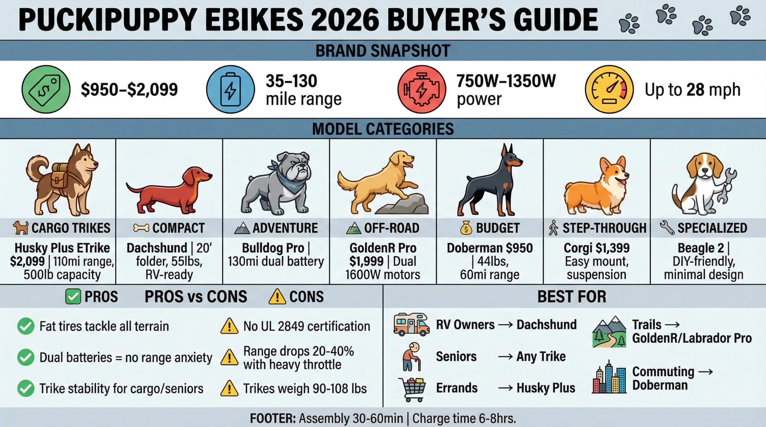 Puckipuppy reviews infographic showing the 2026 Puckipuppy e-bike lineup by price, range, power, speed, model category, and rider fit.