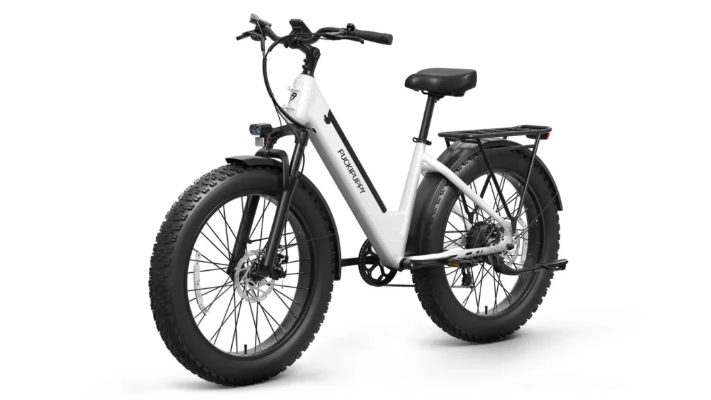 Puckipuppy Samoyed fat tire electric bike in white featured in puckipuppy reviews